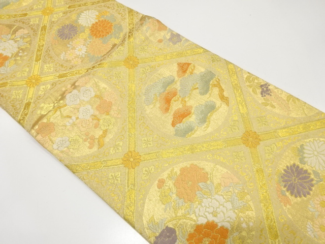 JAPANESE KIMONO / ANTIQUE FUKURO OBI / SILK / WOVEN FLORAL ROUNDEL PATTERN